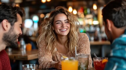 A joyful scene of friends sharing laughter and drinks in a cozy restaurant, capturing the essence of social connection, happiness, and the warmth of shared experiences.