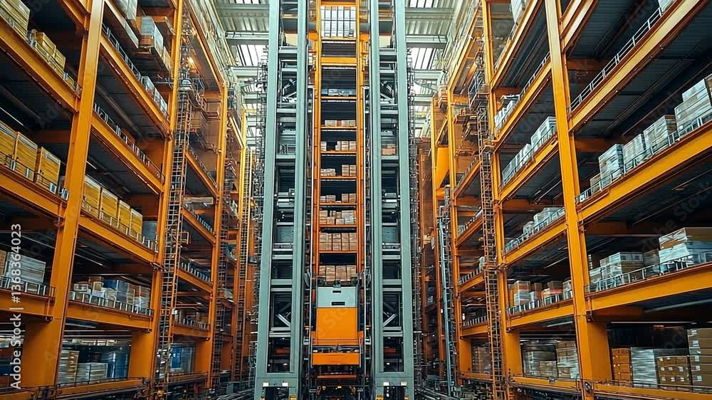 Poster orange metal warehouse shelving system with automated storage and retrieval