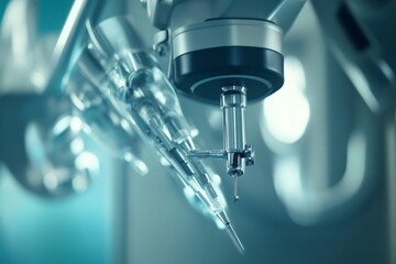 Close up of robotic surgical instruments performing a precise minimally invasive procedure in a modern operating room