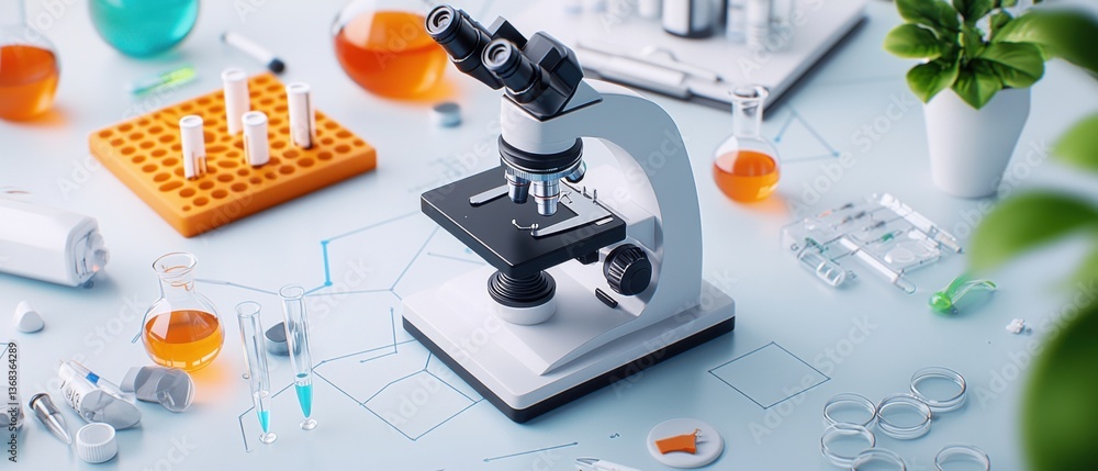 Aufkleber a close-up, overhead view of a neatly organized laboratory table with various scientific instruments