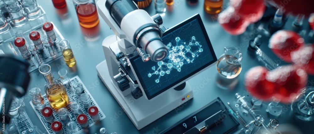 Poster this image showcases a clean, organized top-down view of a modern laboratory table equipped with var