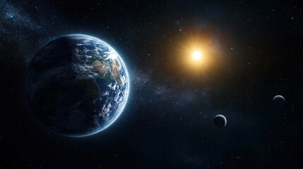 Obraz premium A breathtaking 3D view of Earth and the Moon, illuminated by the distant Sun