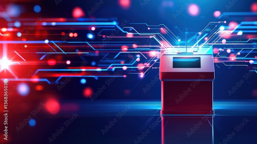 Poster cybersecurity shield protecting an online voting booth with abstract data streams