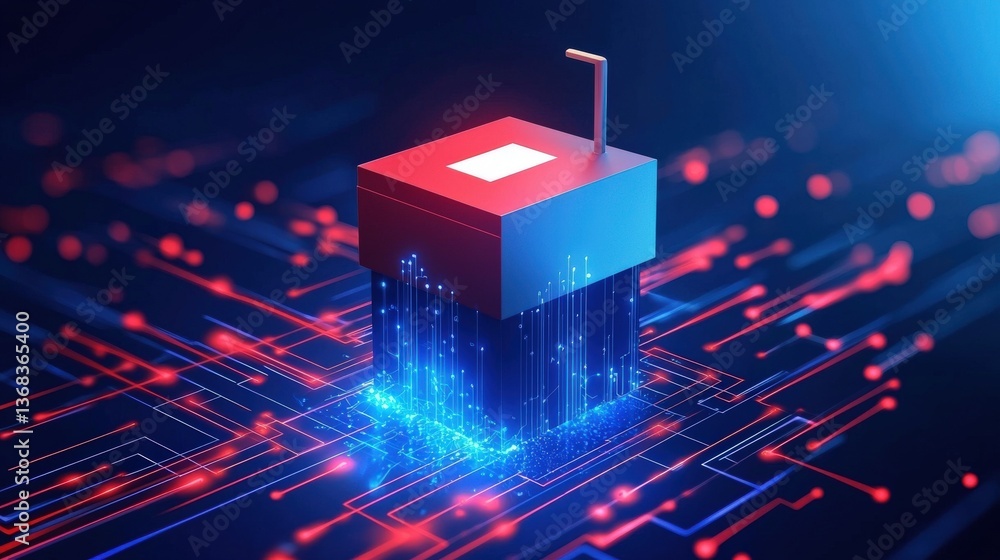 Poster cybersecurity shield protecting an online voting booth with abstract data streams