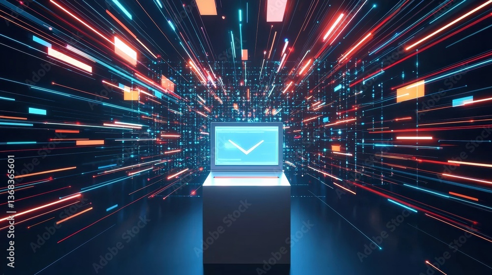 Poster cybersecurity shield protecting an online voting booth with abstract data streams