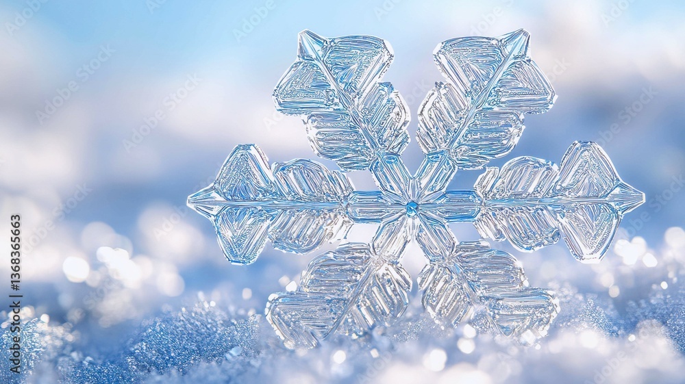Poster a snowflake is sitting on top of the snow. the snowflake is very small and has a lot of detail. the 