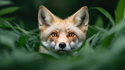 Fototapeta premium A striking image of a watchful fox surrounded by dense green grass, showcasing its natural beauty and alert demeanor, evoking themes of curiosity, nature, and wildlife observation.