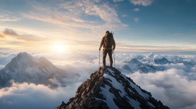 A triumphant hiker stands atop a mountain peak at sunrise, bathed in golden light, symbolizing exploration and the beauty of nature, inspiring adventure and self-discovery.