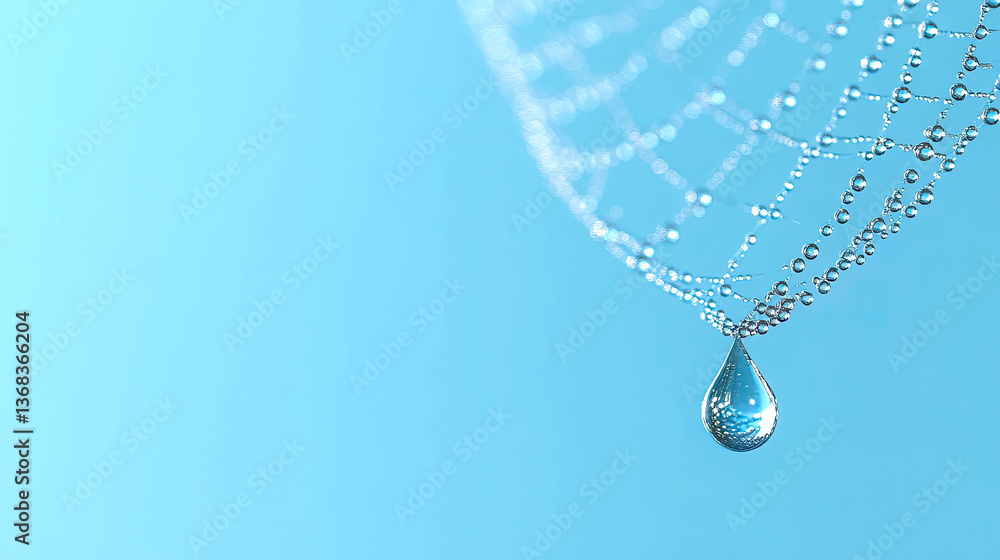 Poster a spider web with a clear ball of water in the center. the water droplets are scattered throughout t