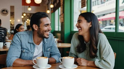 Joyful coffee break: Couple sharing laughter over latte in a cozy caf?