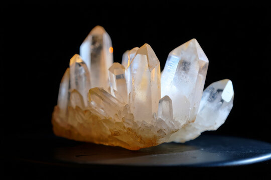 Clear Quartz Crystal with Rainbow Reflection on Black Background &ndash; Mineral Close-Up