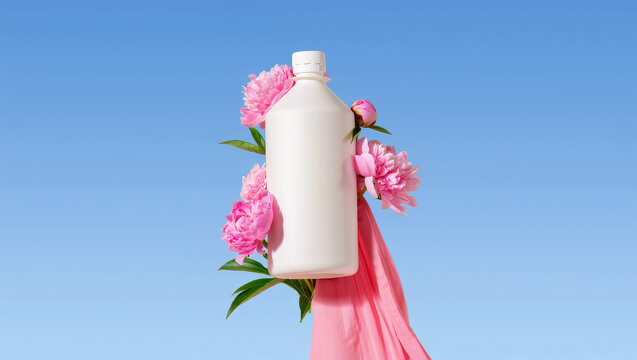 Minimal White Cosmetic Bottle with Pink Peonies and Fabric on Blue Sky Background