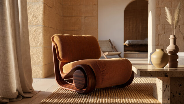 Elegant Modern Armchair in Warm Sunlit Interior with Natural Materials and Earthy Tones