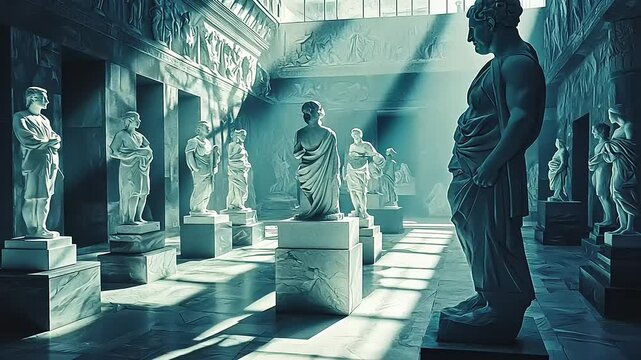 An architectural interior displaying classical statues and sculptures with dramatic lighting and atmospheric effects.
