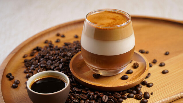 Caramel Latte and Espresso with Roasted Coffee Beans on Wooden Tray &ndash; Cozy Caf&eacute; Scene