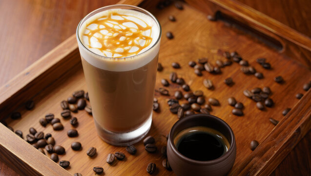Caramel Latte and Espresso with Roasted Coffee Beans on Wooden Tray &ndash; Cozy Caf&eacute; Scene