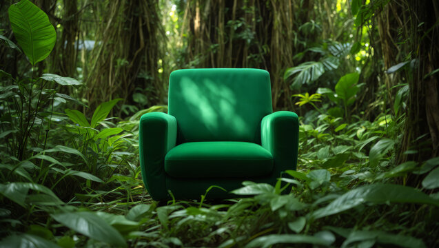 Green Armchair in the Heart of a Lush Jungle &ndash; Conceptual Nature and Design Fusion