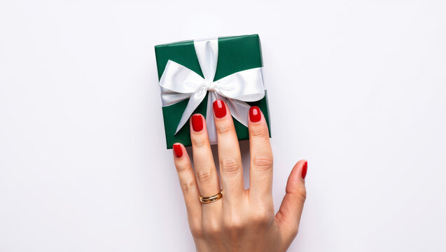Elegant Female Hand Opening Green Gift Box with White Ribbon on White Background