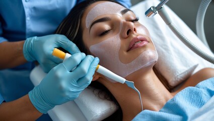 Fototapeta premium Woman receives a facial treatment in a modern spa during a relaxing afternoon session