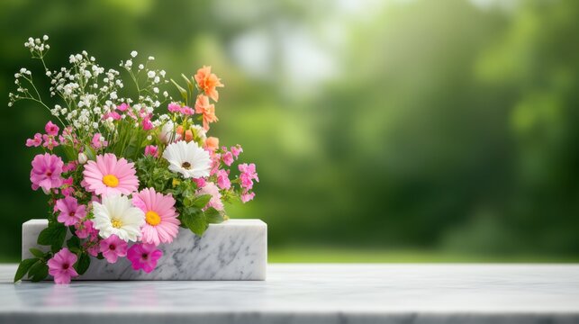 A quiet burial site with a polished marble headstone and vibrant fresh flowers, creating a serene atmosphere of remembrance and honoring the deceased.