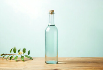 Obraz premium Glass Bottle of clear liquid standing upright on wooden surface