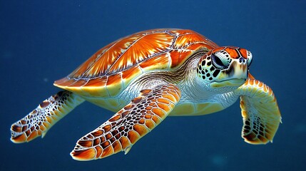 Sea turtle swimming ocean coral reef background, wildlife