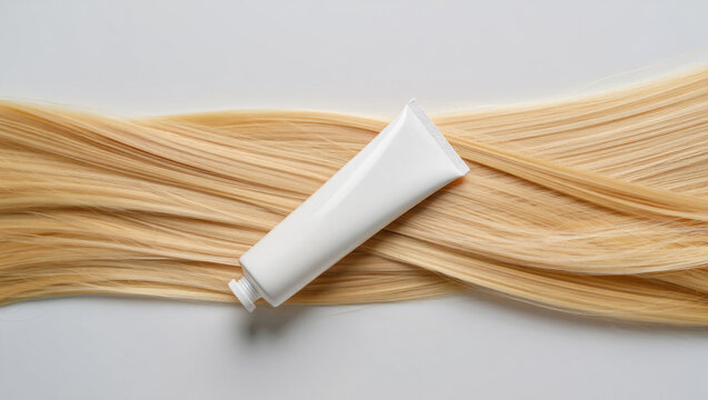 Blank Cosmetic Tube on Long Blonde Hair &ndash; Haircare and Beauty Product Concept