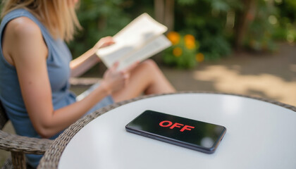 Digital detox in action: close-up of phone displaying 'OFF', ignored for reading a book in a garden. Promotes intentional living and screen-free relaxation