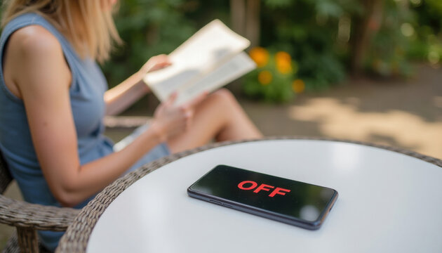 Digital detox in action: close-up of phone displaying 'OFF', ignored for reading a book in a garden. Promotes intentional living and screen-free relaxation