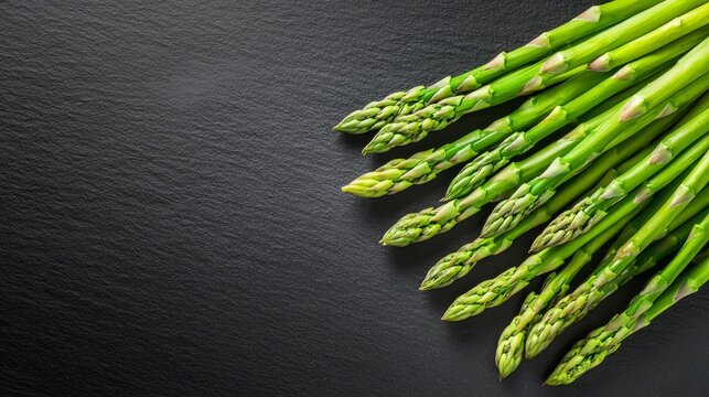 Fresh green asparagus arranged on a dark slate surface, highlighting its vibrant color and texture