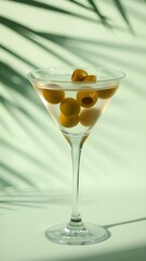 Elegant Martini with Olive on Green Minimalist Background – Refined Cocktail Display