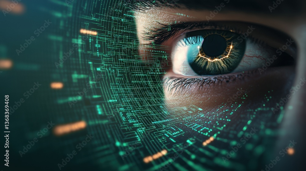 Poster close-up of a human eye reflecting a complex glowing digital circuit board pattern illustrating the 