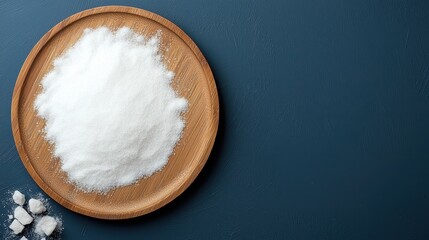 Sea salt on wooden plate against dark blue background in flat lay style for culinary and wellness themes