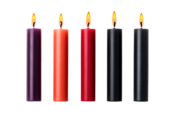 Lit candles with purple, red, and black color, cut out transparent
