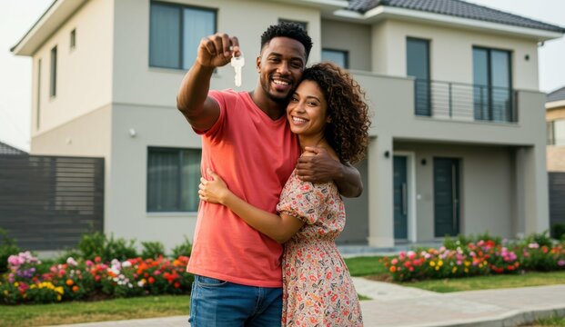 Young couple holding house keys, smiling outdoors in front of new home. Celebrating property ownership and diversity.