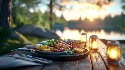 Romantic Countryside Family Dinner at Sunset - Cozy outdoor dining experience with loved ones in picturesque rural setting under warm evening light