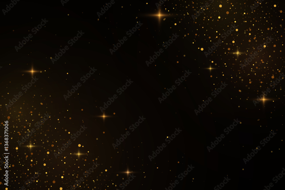 Poster The dust sparks and golden stars shine with special light, bokeh effect. Vector sparkles on a transparent background. Christmas light effect. Sparkling magical dust particles.