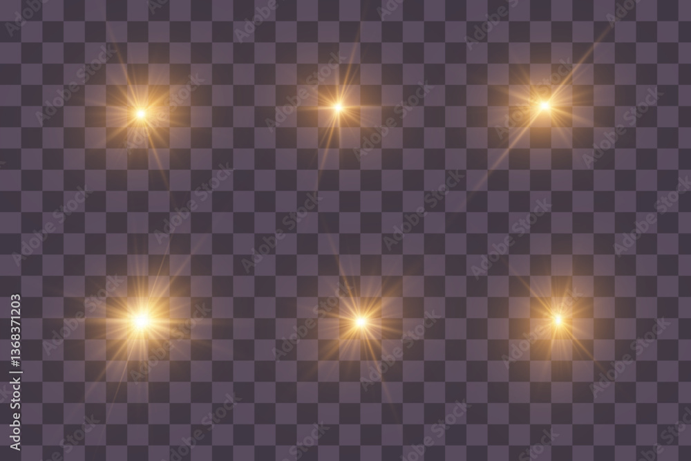 Poster Set of yellow  glowing light explodes on a transparent background Sparkling magical dust particles. Star burst with sparkles. Gold glitter Bright Star. Transparent shining sun, bright flash Vector 
