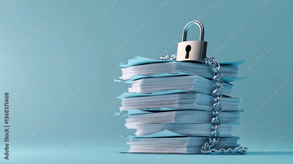 Poster a stack of confidential documents secured with chains and a padlock, symbolizing privacy, protection