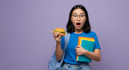 Surprised Student with Burger & Books
