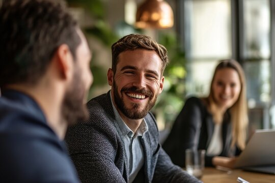 Smiling male colleagues engaged in a successful team brainstorming session