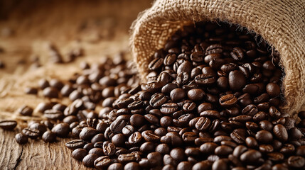 Naklejka premium A bag of coffee beans is spread out on a table