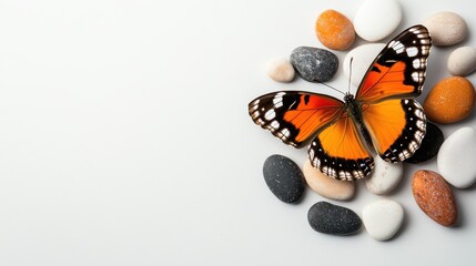 This stunning butterfly graces a collection of colorful pebbles, embodying both the vibrancy of nature and a peaceful scene of tranquility and beauty.
