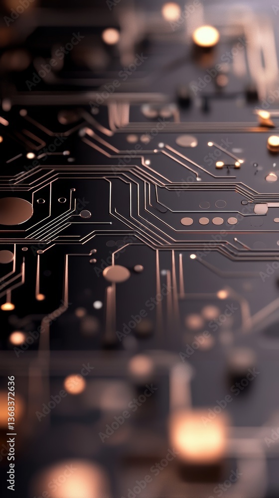 Poster close-up view of a complex circuit board highlighting intricate details and connections in technolog