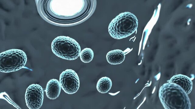 Pulsating cocci bacteria moving in liquid under microscope