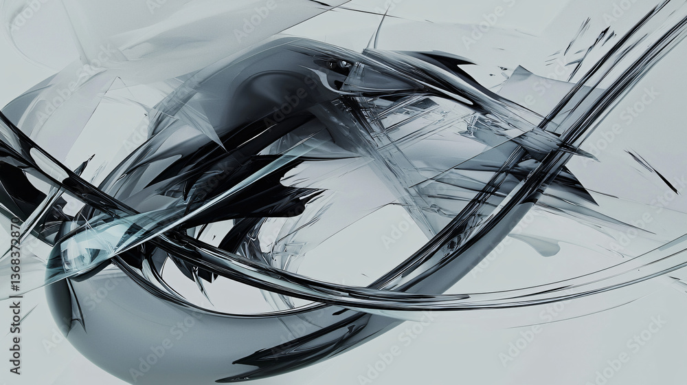 Poster white and black object featuring fluid curves layered over angular lines creating an eye-catching vi