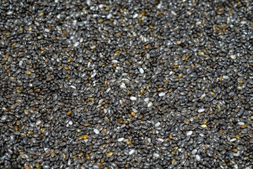 A close-up captures the intricate texture of chia seeds, a superfood packed with nutrients. Tiny black, white, and gray seeds create a rich, natural pattern.