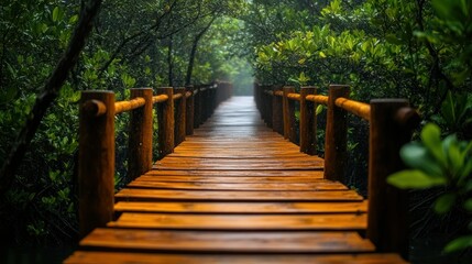 Wooden boardwalk through lush rainforest