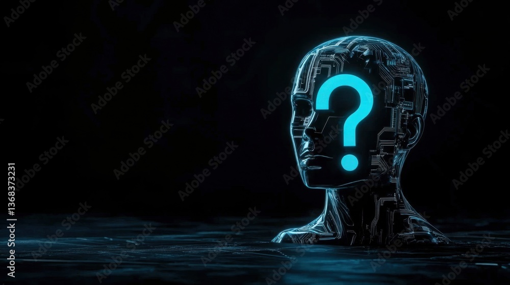 Poster an ai-inspired head with a glowing question mark, highlighting the mystery and uncertainty surroundi