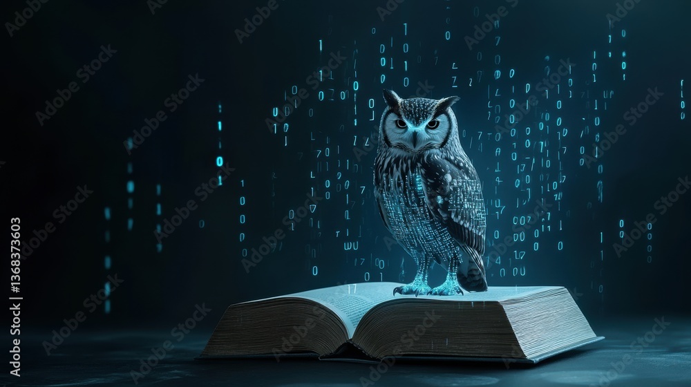 Aufkleber an owl perched on a book with binary code streams flowing around, illustrating the blend of wisdom a